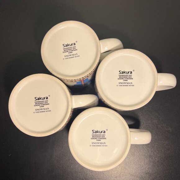 Set of 4 Vintage Sakura SNOWMAN Stoneware Mugs with Artwork by Debbie Mumm 1998 - Picture 11 of 12